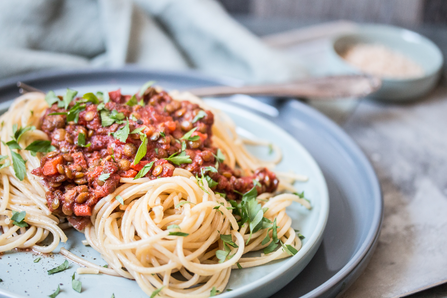 Spaghetti mit Linsen Bolognese vegan Rezept